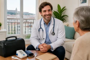 Médecin SOS Médecins Lyon en visite à domicile, examinant un patient dans un appartement lyonnais lumineux