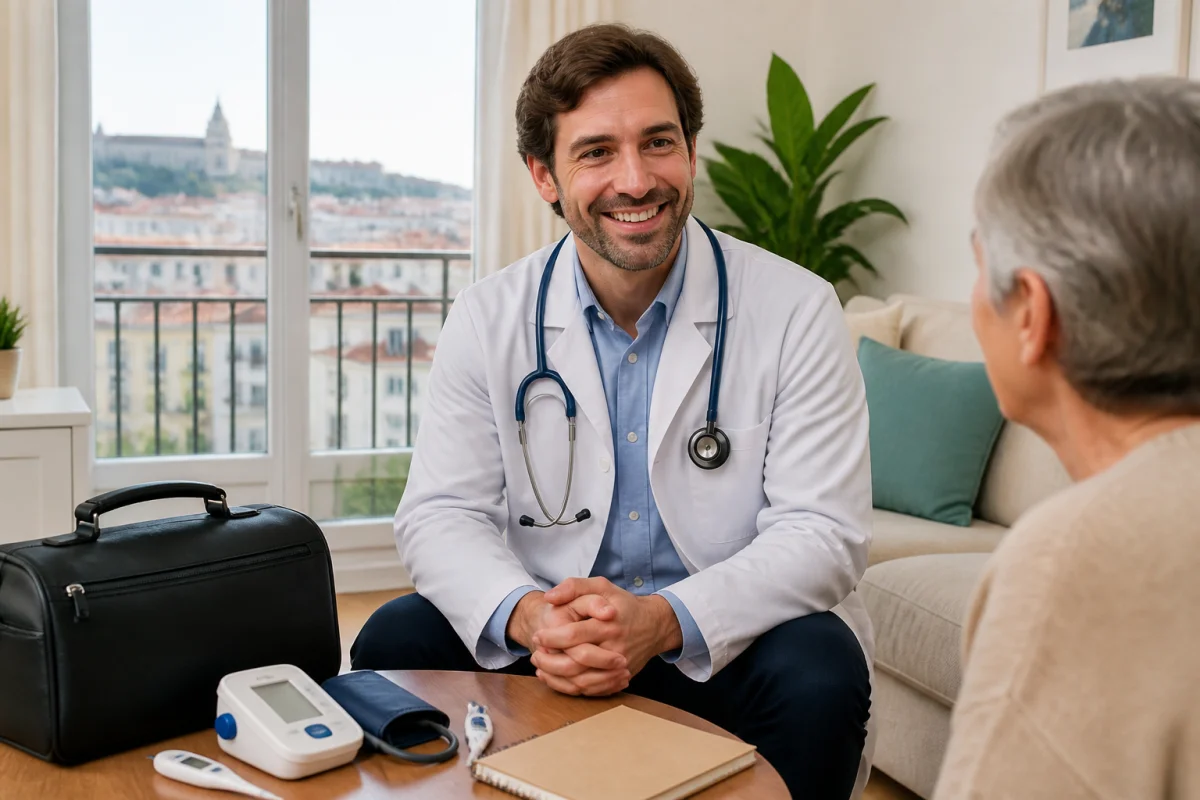 Médecin SOS Médecins Lyon en visite à domicile, examinant un patient dans un appartement lyonnais lumineux