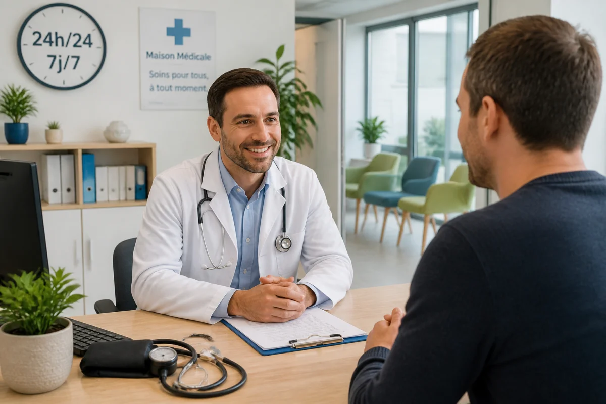 Médecin accueillant un patient en consultation non programmée dans un cabinet médical à La Chapelle-Saint-Luc, près de Troyes