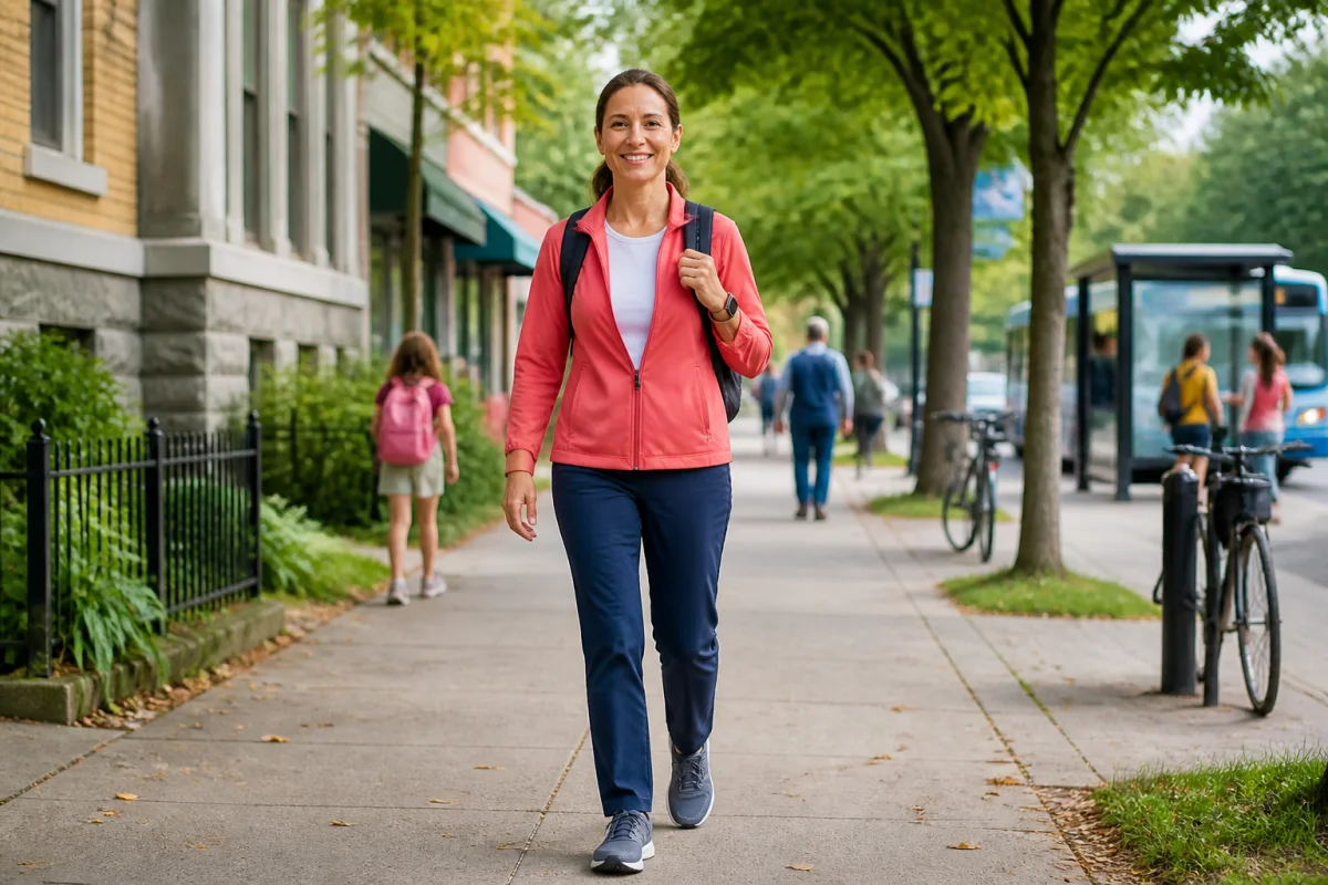 Adulte souriant marchant en ville, illustrant les bienfaits de trente minutes de marche quotidienne pour la santé