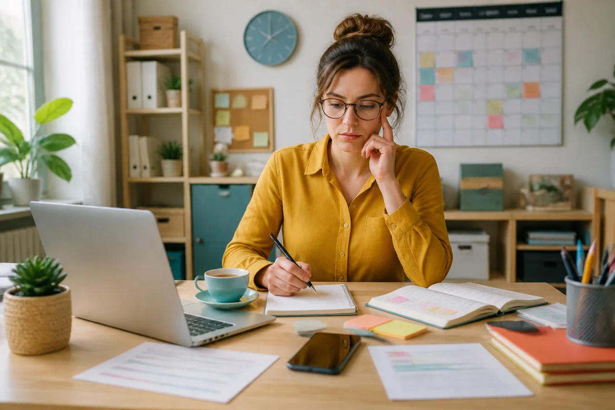 Professionnel à son bureau entouré d’un agenda chargé et de tâches, illustrant les causes du stress chronique et la surcharge
