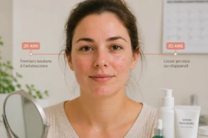 Femme adulte avec acné inflammatoire légère, lignes temporelles et calendrier suggérant la durée de l’acné adulte