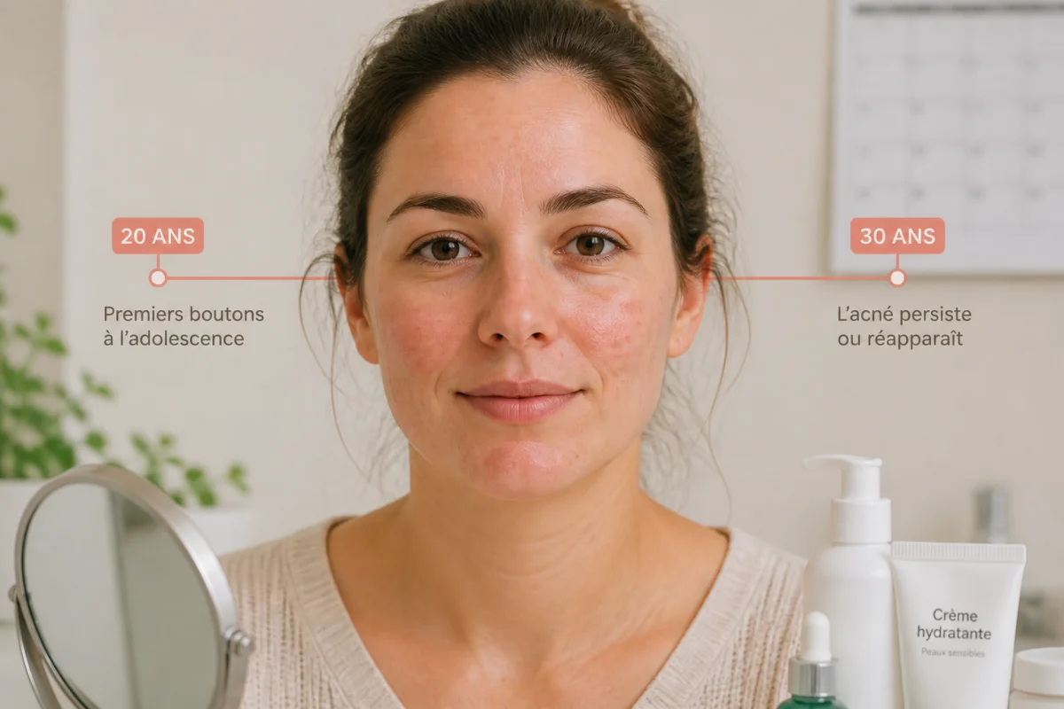 Femme adulte avec acné inflammatoire légère, lignes temporelles et calendrier suggérant la durée de l’acné adulte