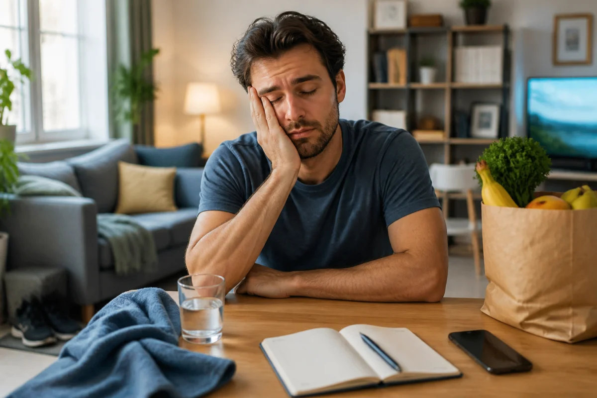 Adulte fatigué assis après une activité quotidienne, illustrant le diagnostic de la fatigue chronique et le besoin de récupération