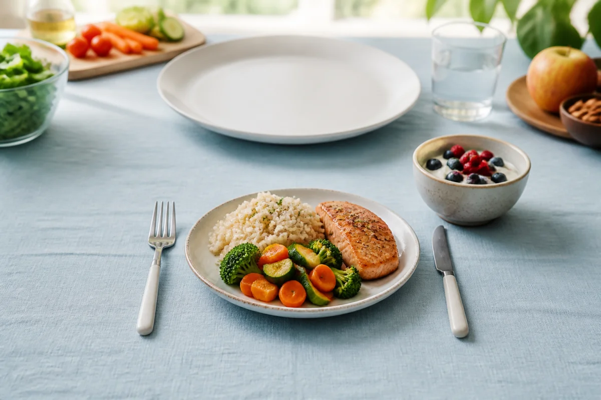 Petite assiette équilibrée et couverts réduits illustrant comment diminuer ses portions alimentaires sans frustration