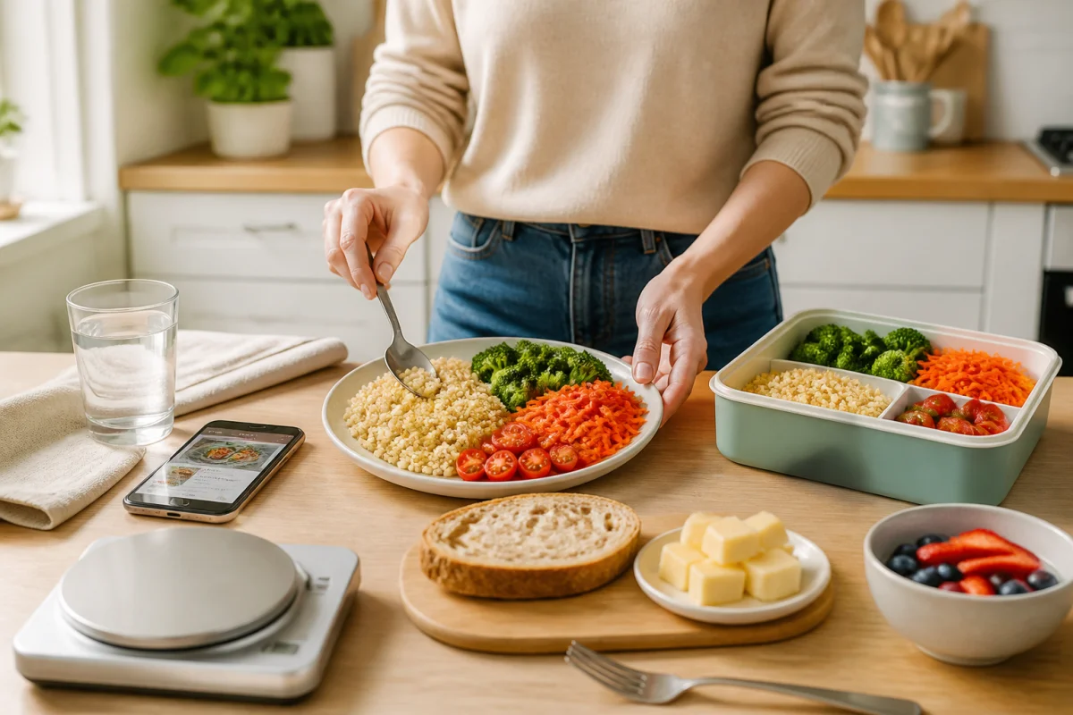 Personne préparant une assiette équilibrée en portions séparées avant de la placer dans une boîte-repas organisée