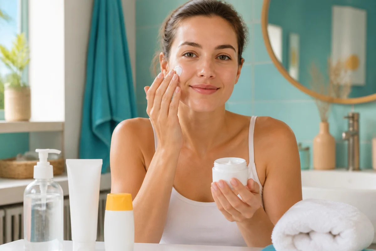 Ma rosacée a disparu, adulte appliquant une crème hydratante douce sur une peau apaisée dans une salle de bains lumineuse
