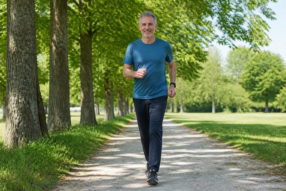 Adulte marchant activement dans un parc verdoyant, illustrant pourquoi la marche est bonne pour la santé.