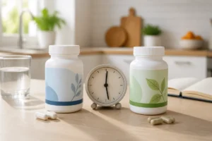 Deux flacons de compléments alimentaires différents séparés par une horloge, avec un verre d’eau et un carnet en cuisine lumineuse