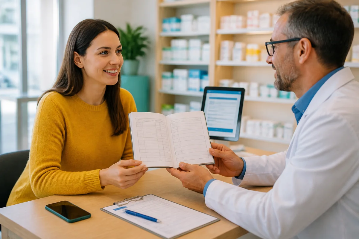 Adulte recevant un carnet de vaccination papier auprès d’un professionnel de santé, avec son historique médical à compléter