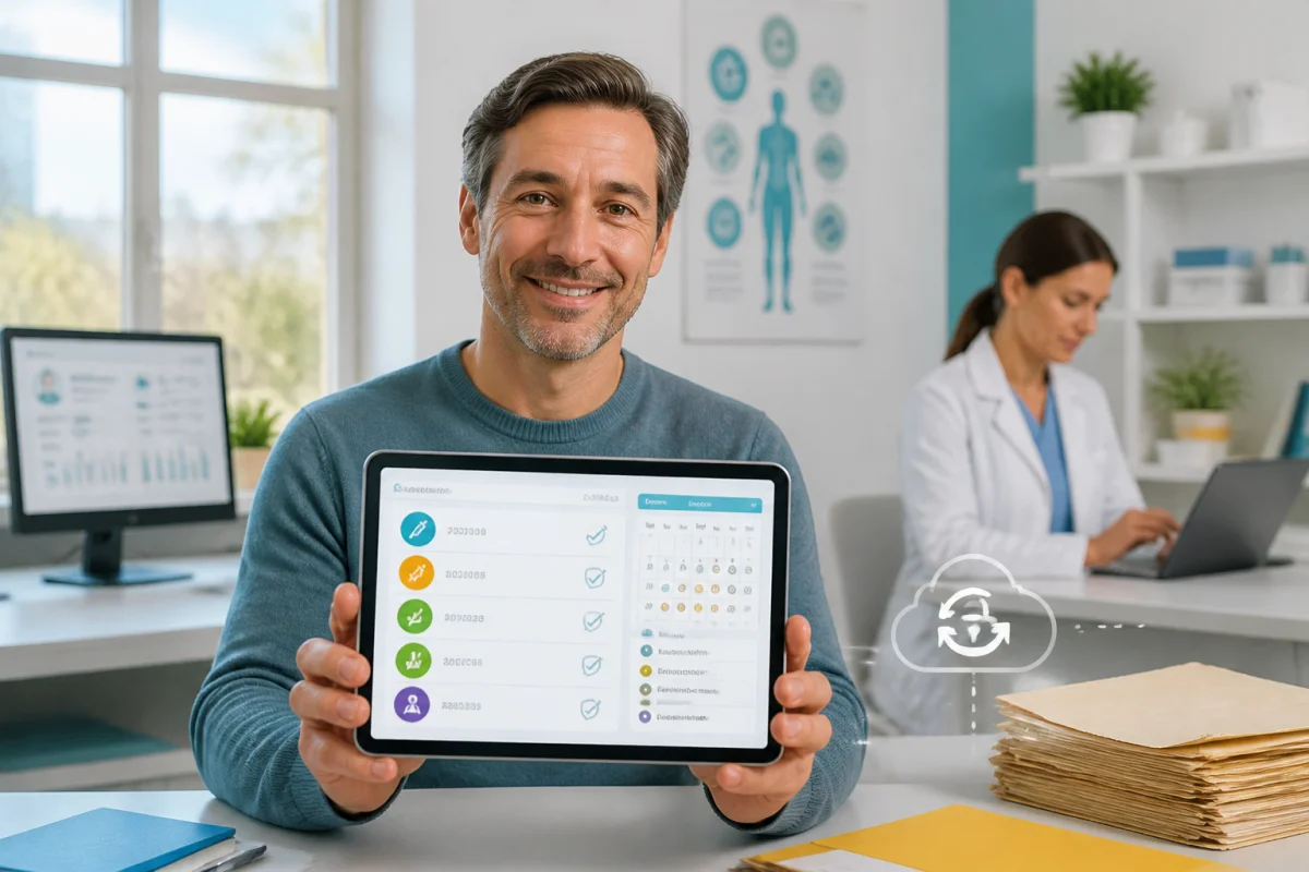 Adulte consultant son carnet de vaccination numérique sur tablette, avec historique des vaccins organisé dans un cabinet médical