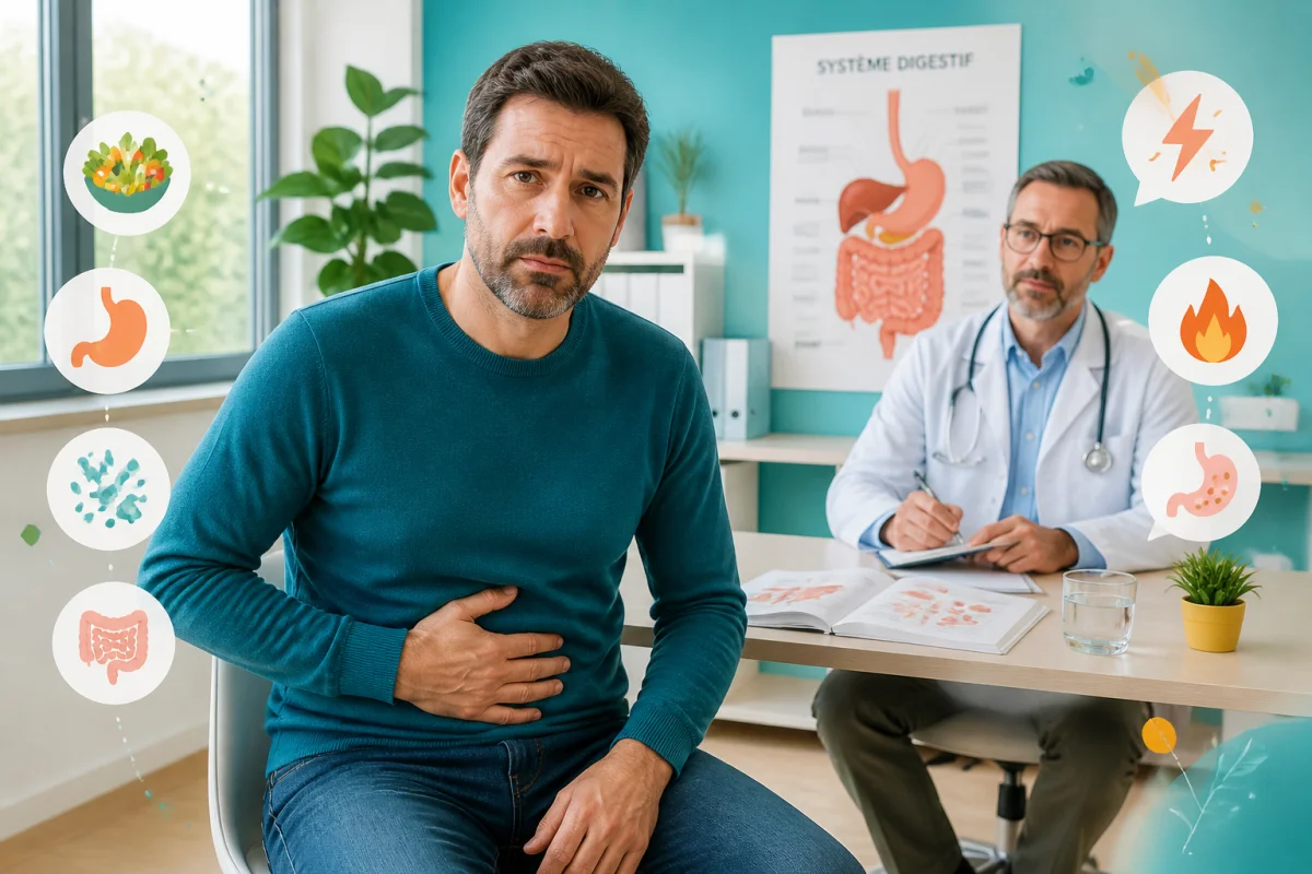 Patient adulte en consultation médicale, main sur le bas-ventre pour illustrer une cause des douleurs abdominales
