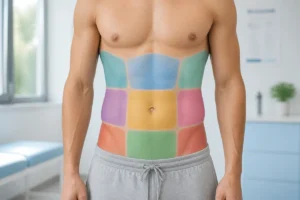 Zones abdominales douloureuses chez l’adulte, illustrant les principales causes des douleurs abdominales