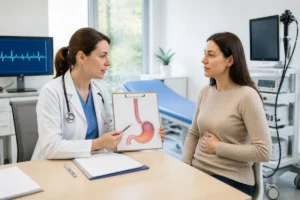 Médecin expliquant à une patiente les examens digestifs et cardiaques liés aux douleurs thoraciques en consultation médicale