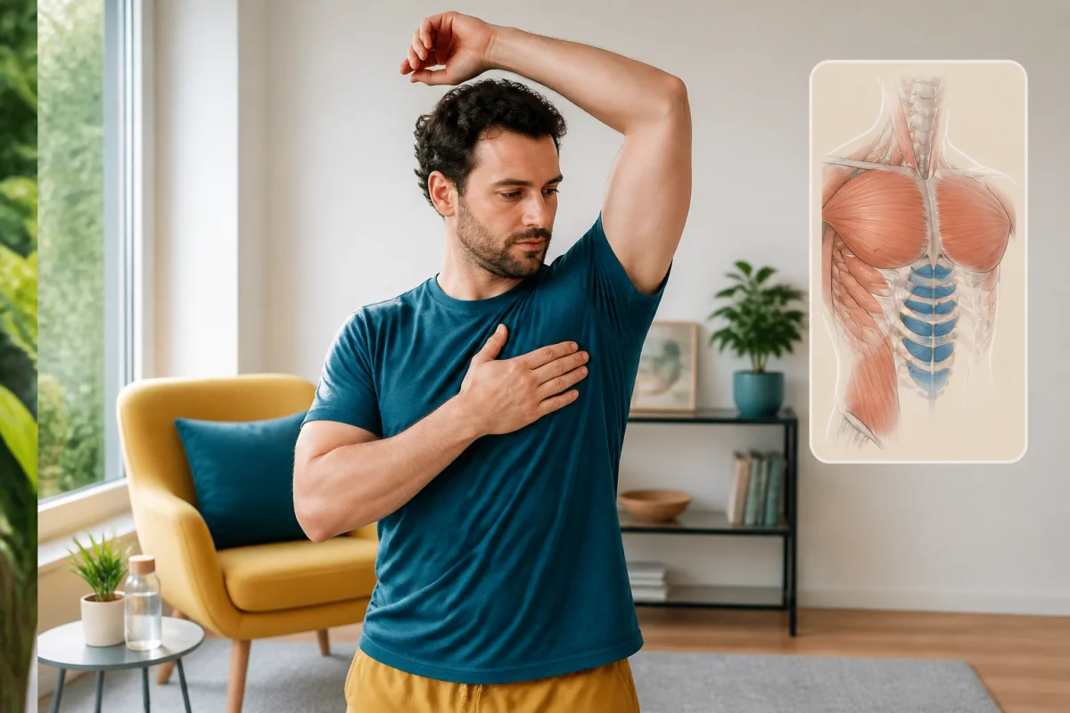 Adulte palpant son thorax et levant le bras pour observer une douleur musculaire thoracique éventuelle