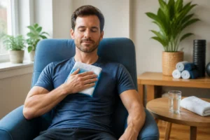 Adulte appliquant une poche froide sur le thorax après un effort, illustrant combien de temps dure une douleur musculaire thoracique